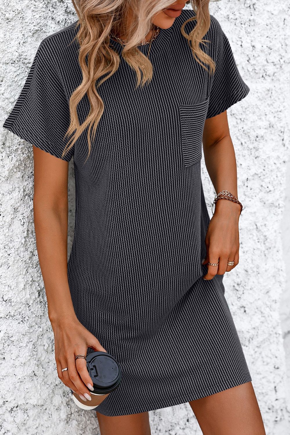 Ribbed Striped Short Sleeve T-Shirt Dress