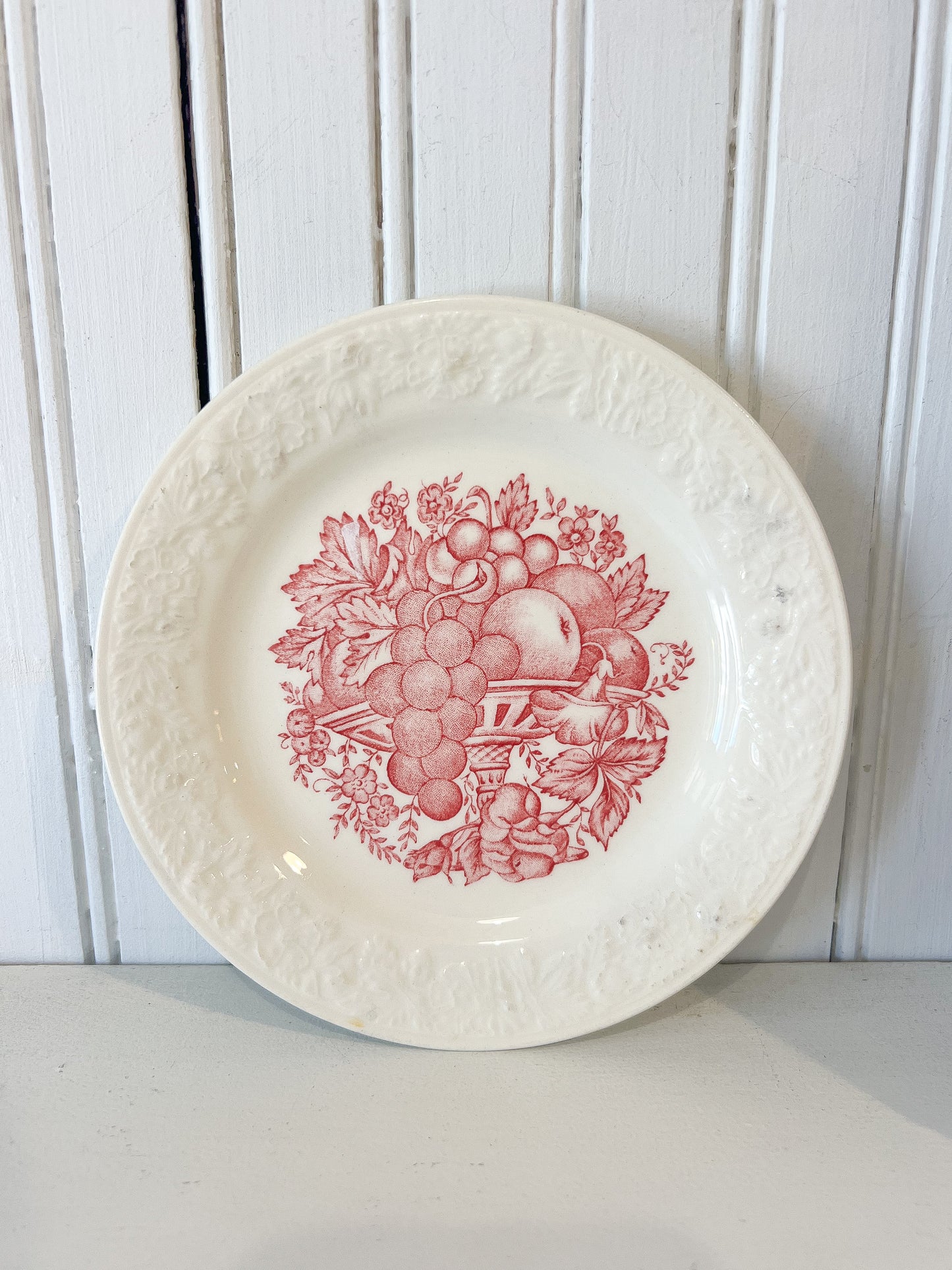 Vintage red transferware plate with fruit basket design and embossed white rim, 7 inch farmhouse wall decor
