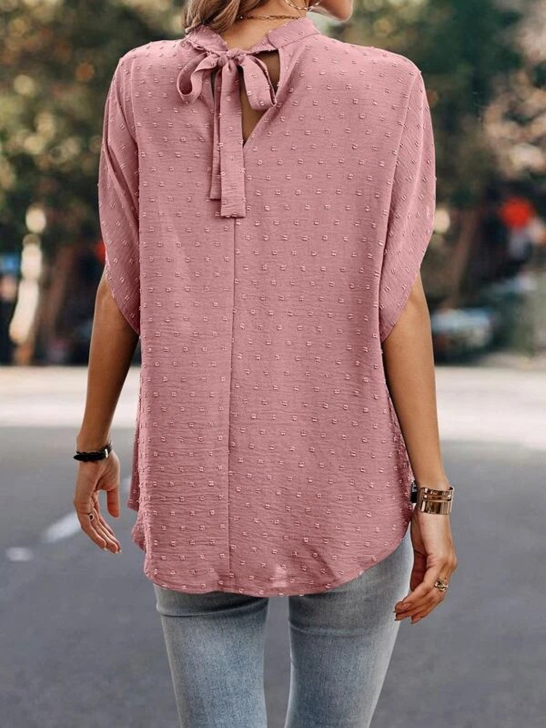 Swiss Dot Mock Neck Blouse