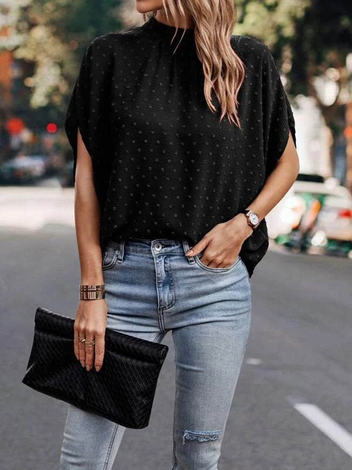 Swiss Dot Mock Neck Blouse