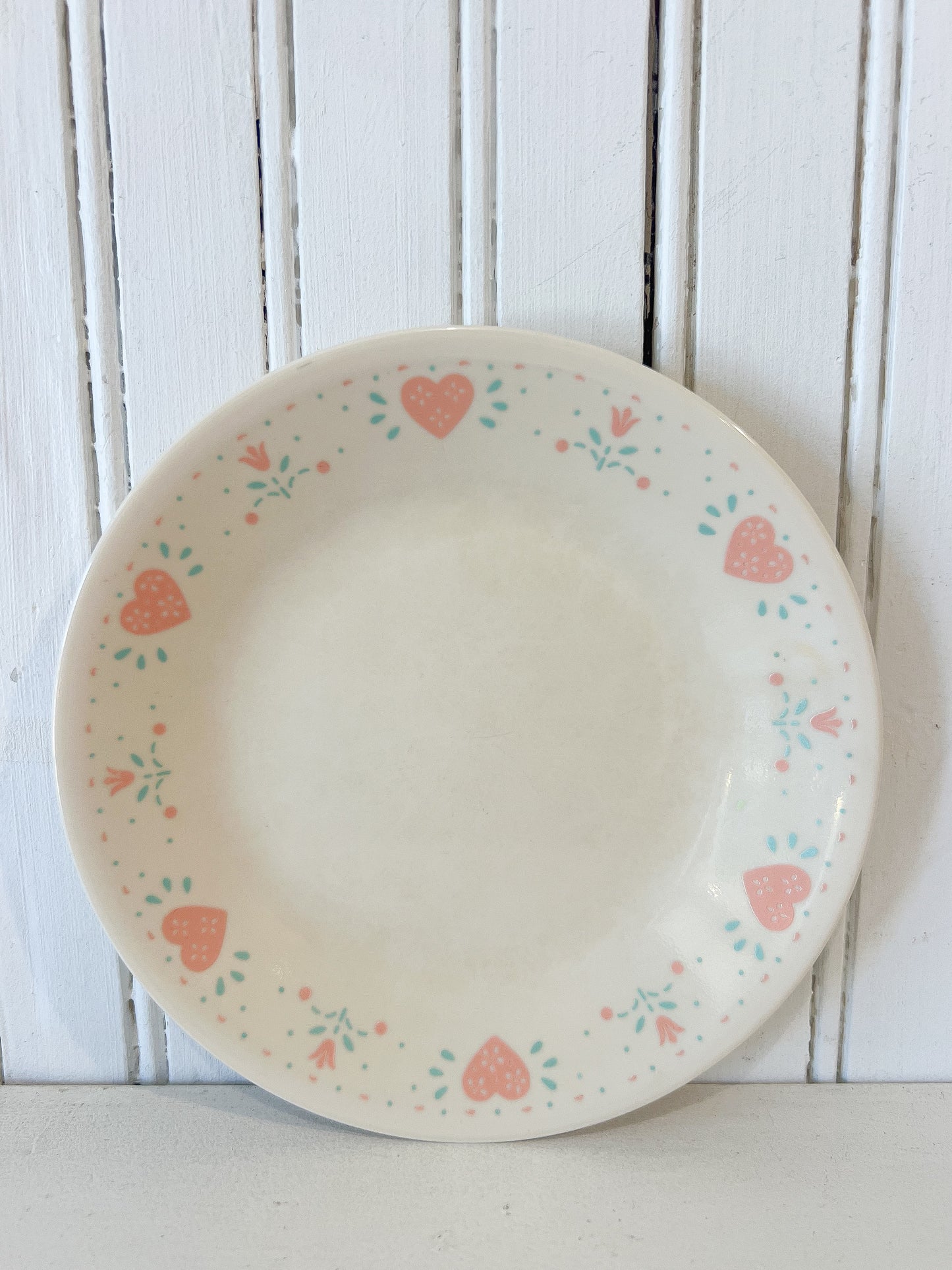 Vintage Corelle by Corning 7 inch plate with pink heart border, made in USA microwave safe dinnerware