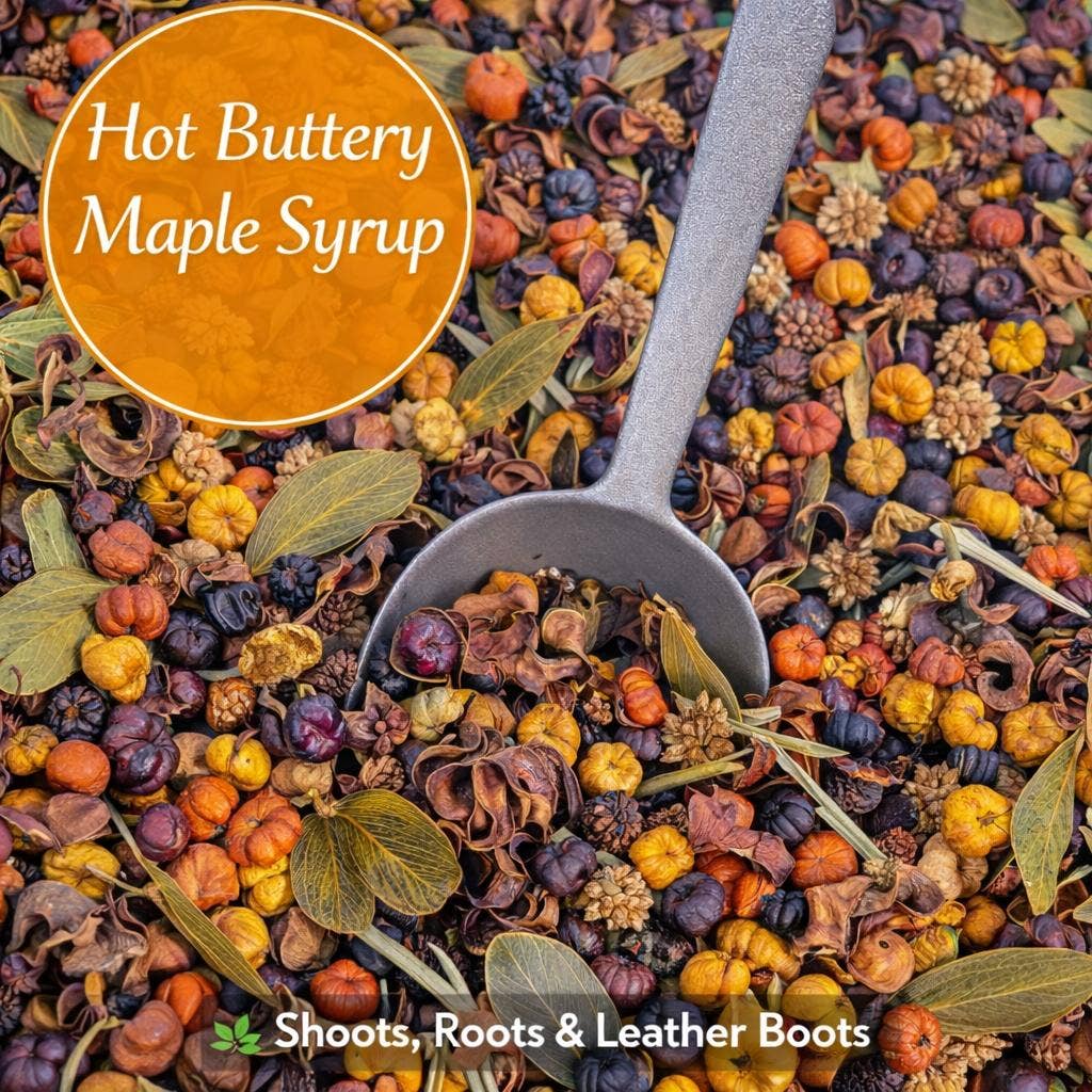 Spice mix with a spoon and 'Hot Buttery Maple Syrup' text overlay