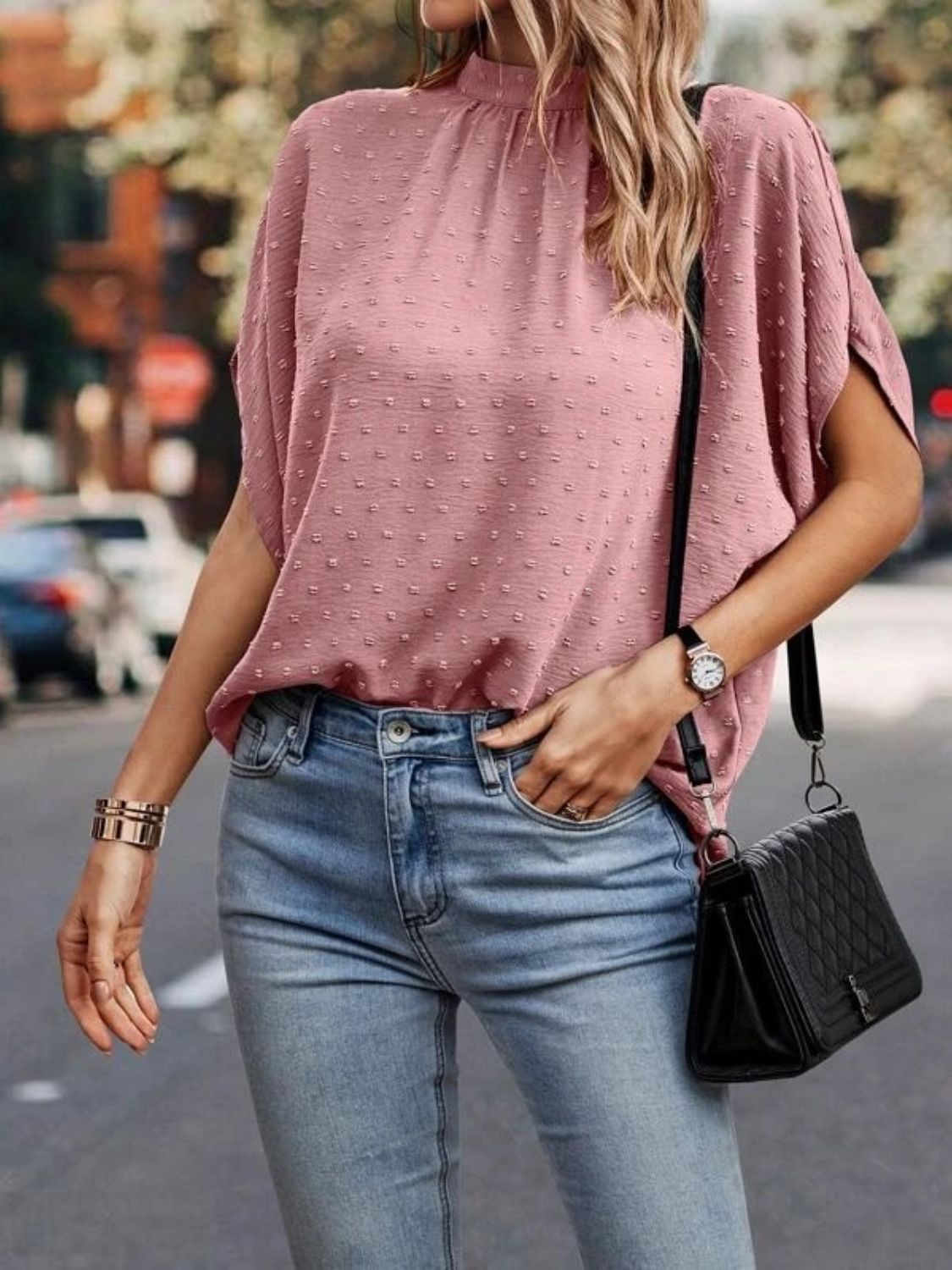 Swiss Dot Mock Neck Blouse