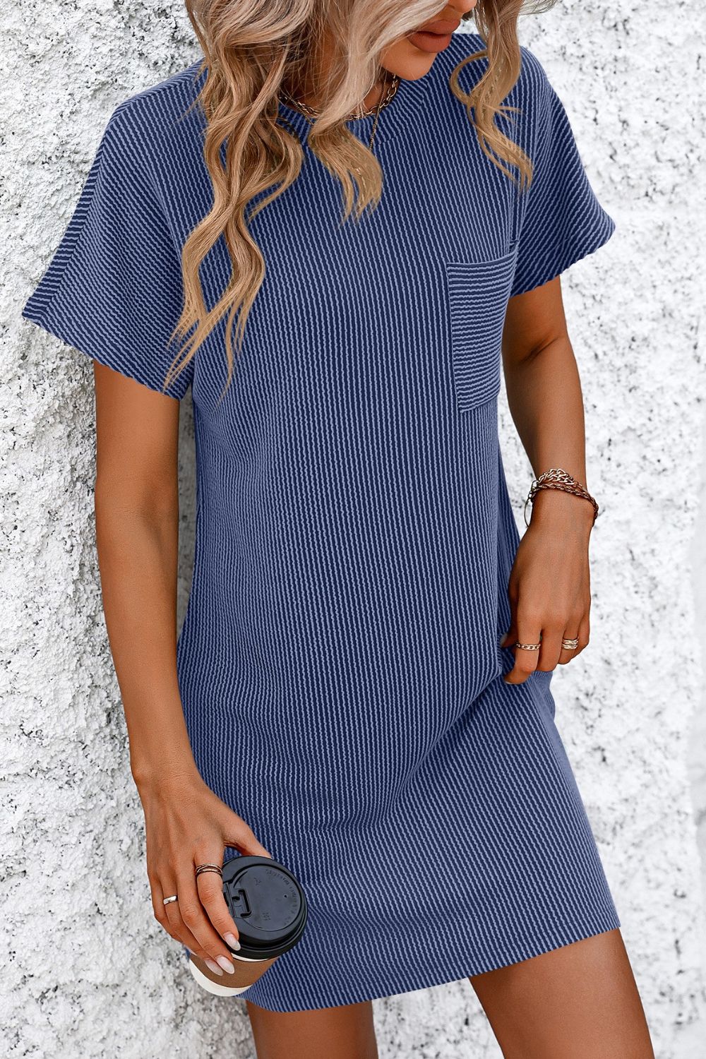 Ribbed Striped Short Sleeve T-Shirt Dress