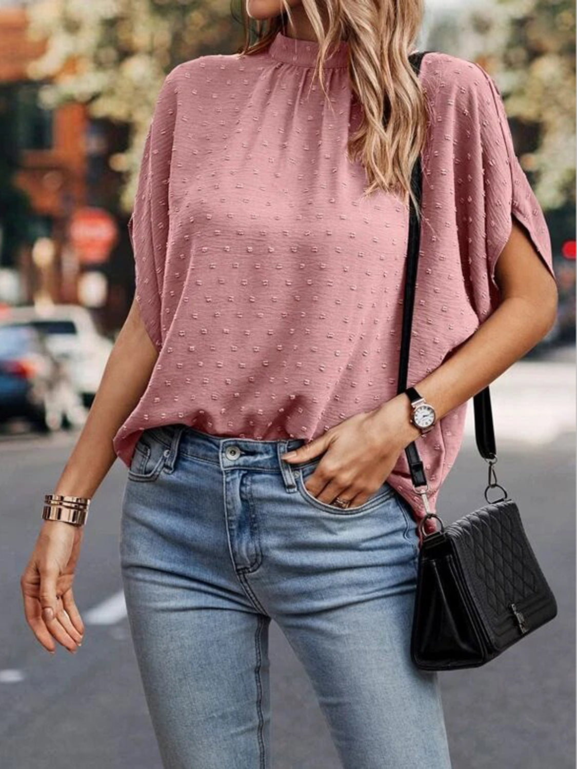 Swiss Dot Mock Neck Blouse