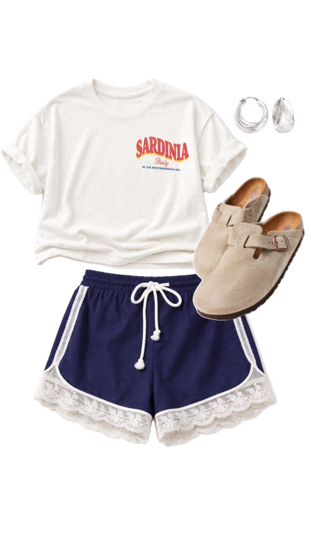 White t-shirt with 'Sardinia' print, navy shorts with lace trim, beige clogs on a white background