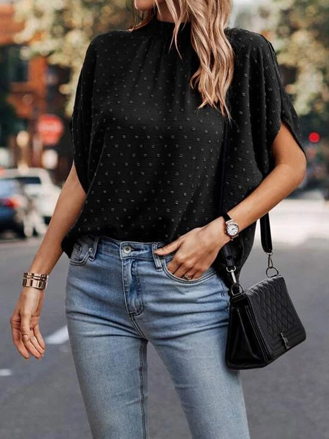Swiss Dot Mock Neck Blouse