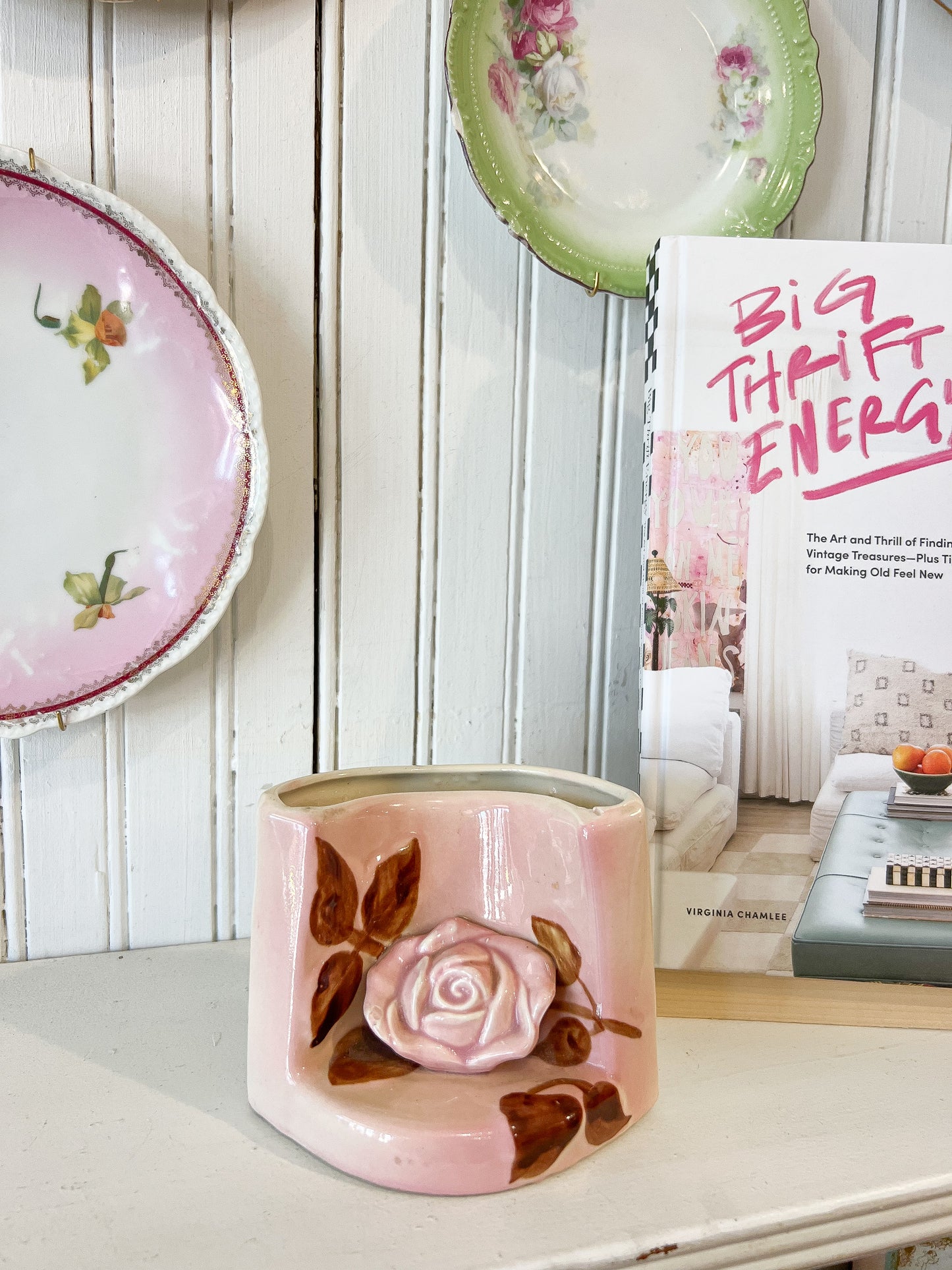 Vintage 1950s pink ceramic rose wall pocket planter with dimensional floral detail