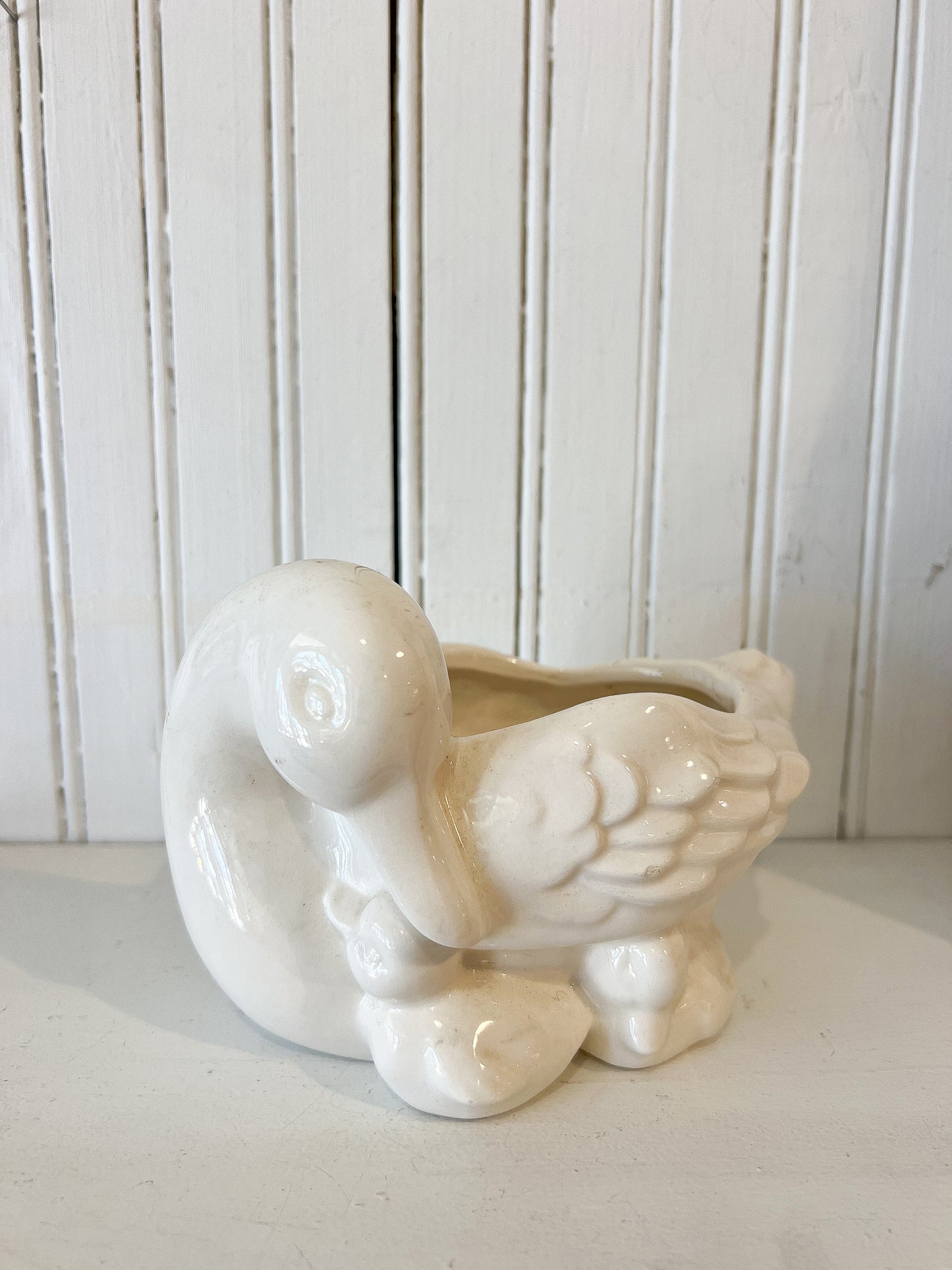 Vintage white ceramic swan planter 7 inch glossy ivory cottagecore decor styled for FOUND & Co.