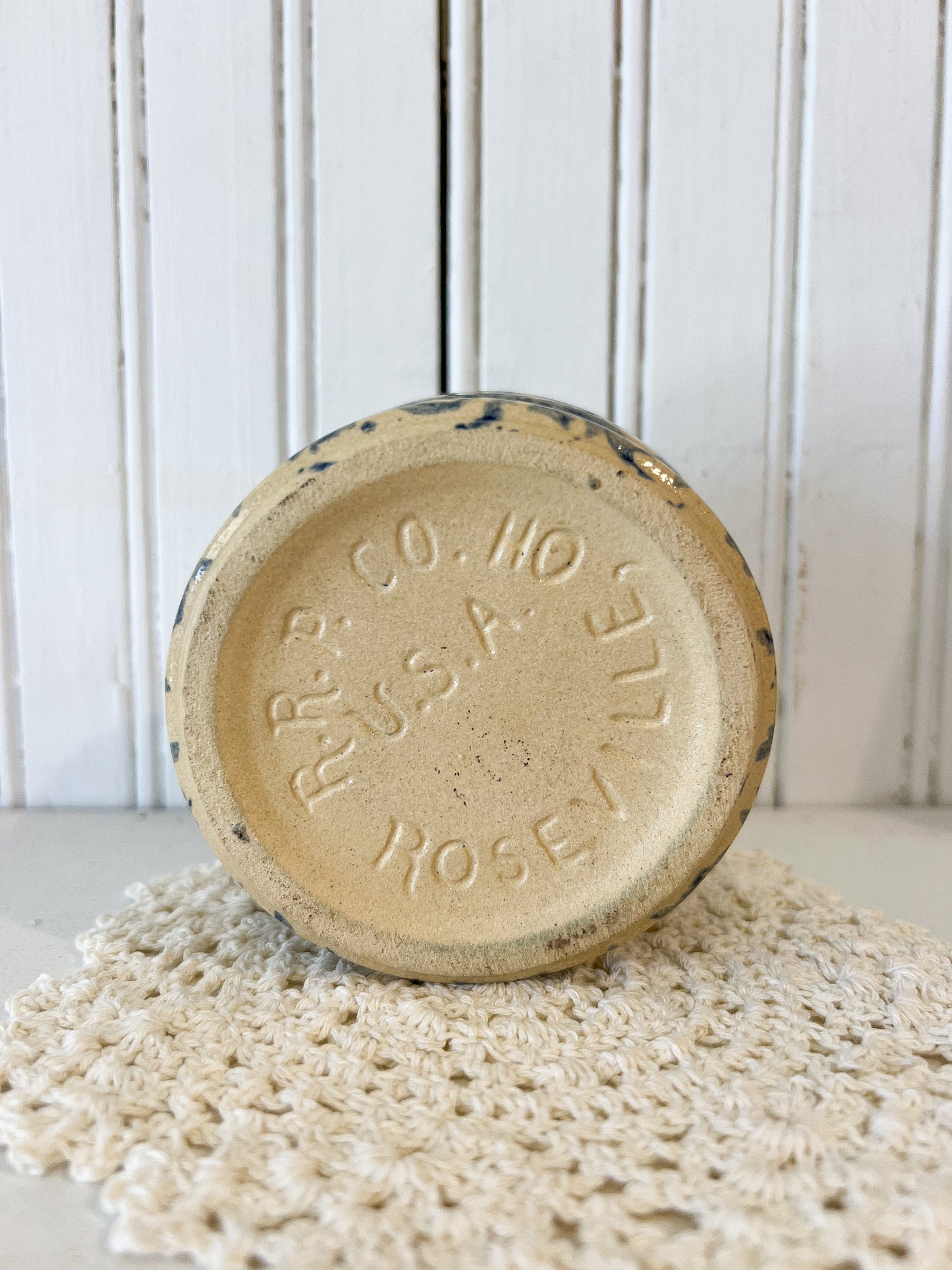 Vintage Roseville USA blue spongeware pottery bowl 4 inch American art pottery marked RRP Co