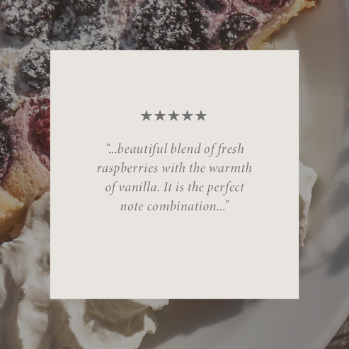 Raspberry Vanilla soy candle customer review graphic highlighting fresh raspberry and warm vanilla scent.