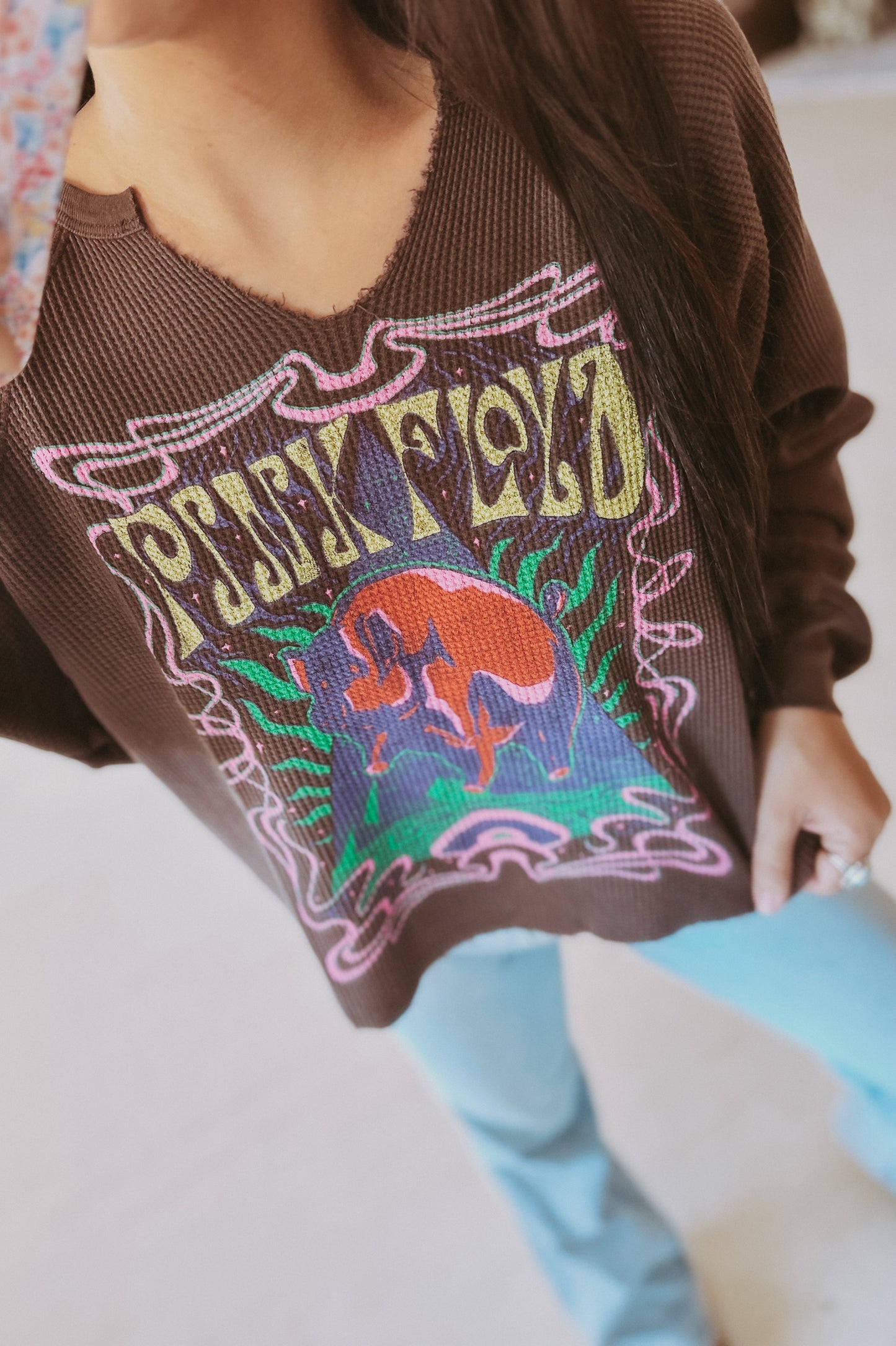 "Pink Floyd" Cropped Thermal Henley