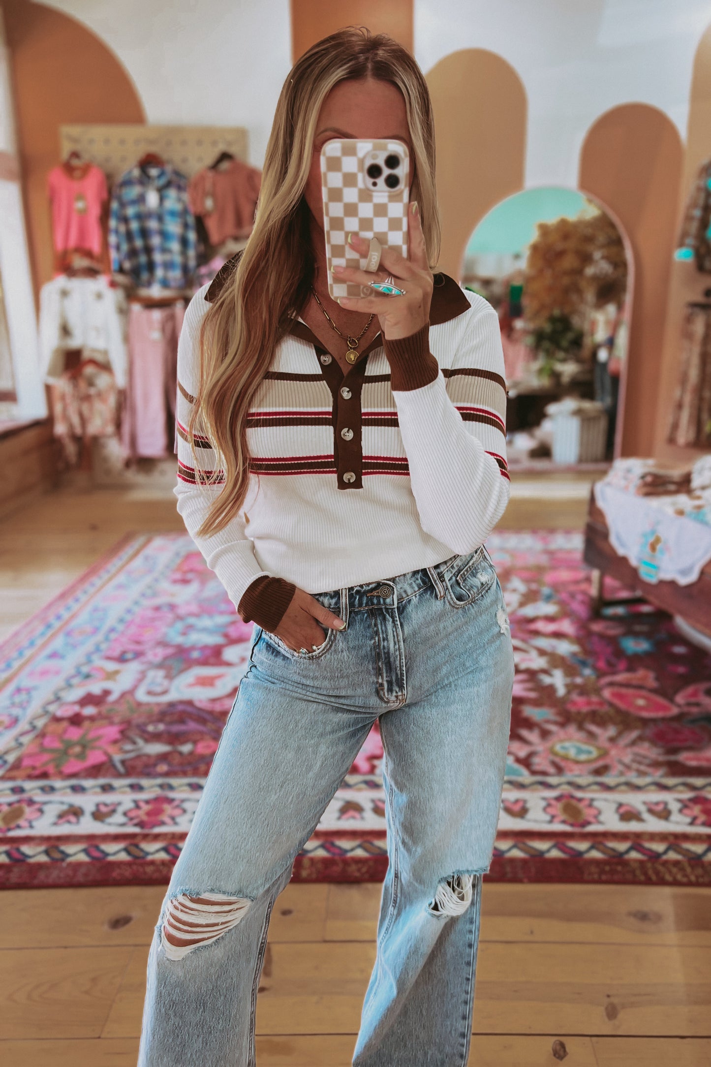 Striped Collared Neck Rib-Knit Top