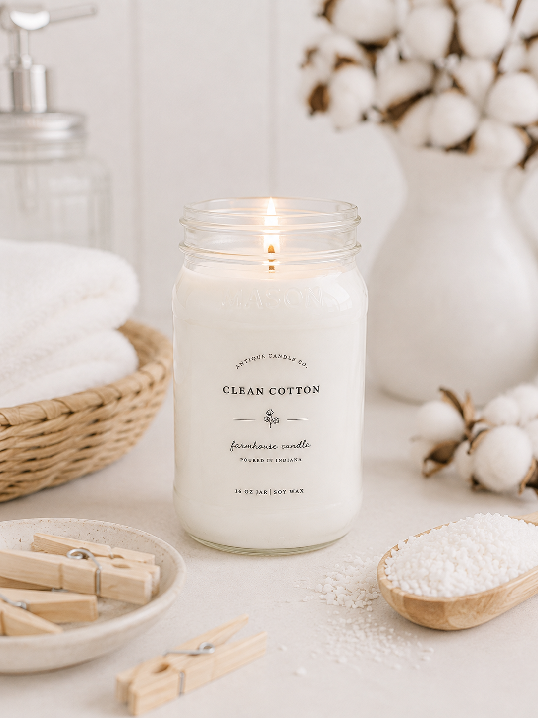 Antique Candle Co. Clean Cotton soy candle in a reusable glass jar with a crisp fresh linen and cotton blossom fragrance.