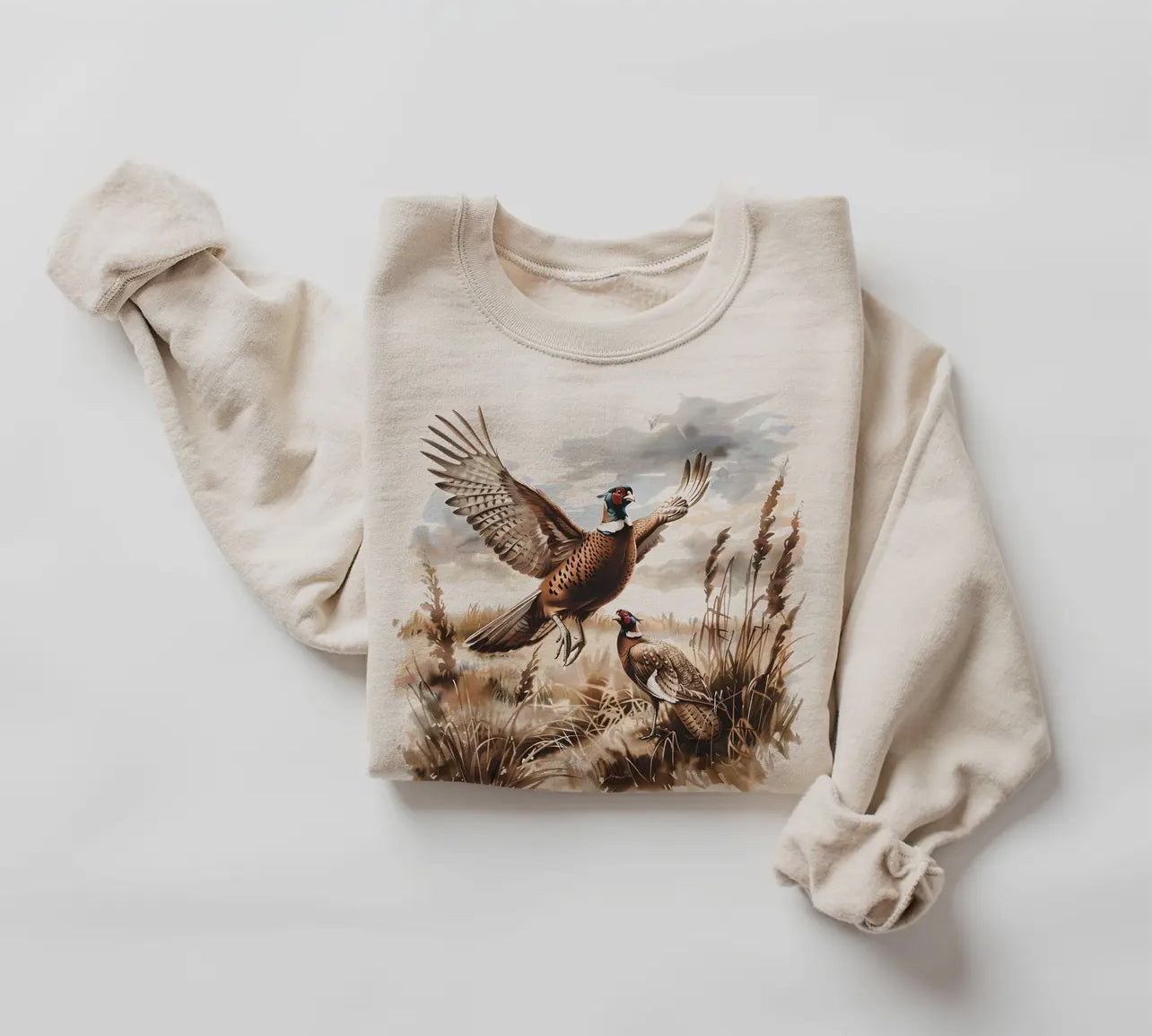 Cozy cottage core vintage inspired sweatshirt with a beautiful pheasant seen on it.