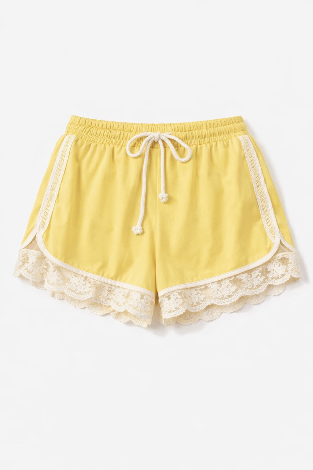 Yellow shorts with lace trim on a white background