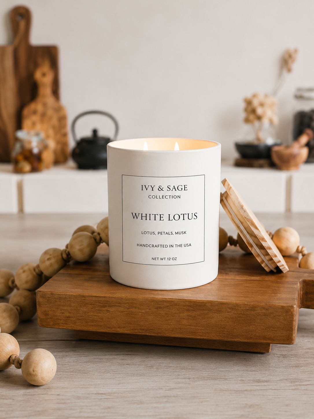 White Lotus candle with creamy coconut, sandalwood, amber, and warm wood fragrance notes.