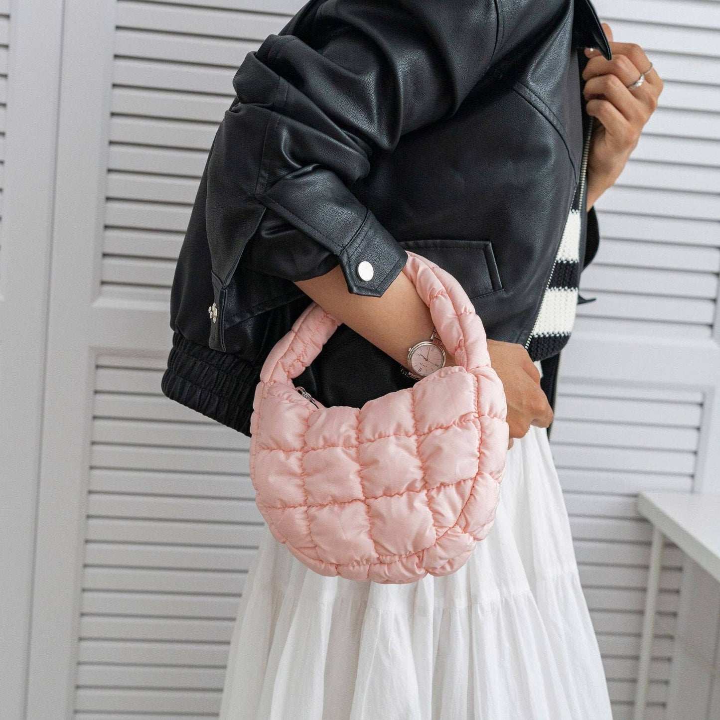 mini honey beige quilted puffer shoulder bag with zipper closure