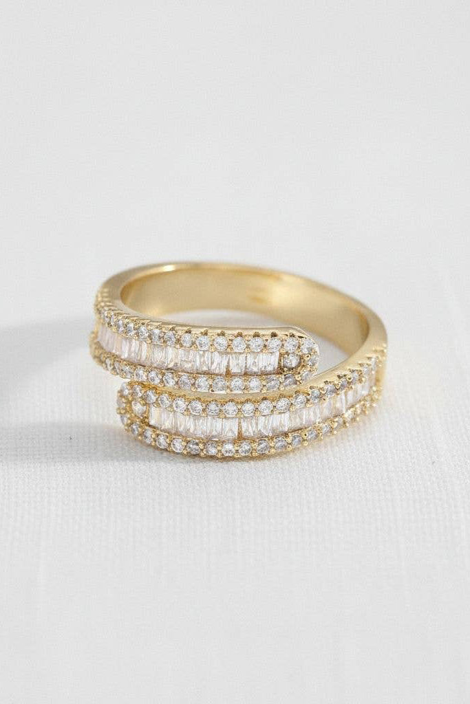 gold pavé wrap ring with baguette crystal accents layered statement ring