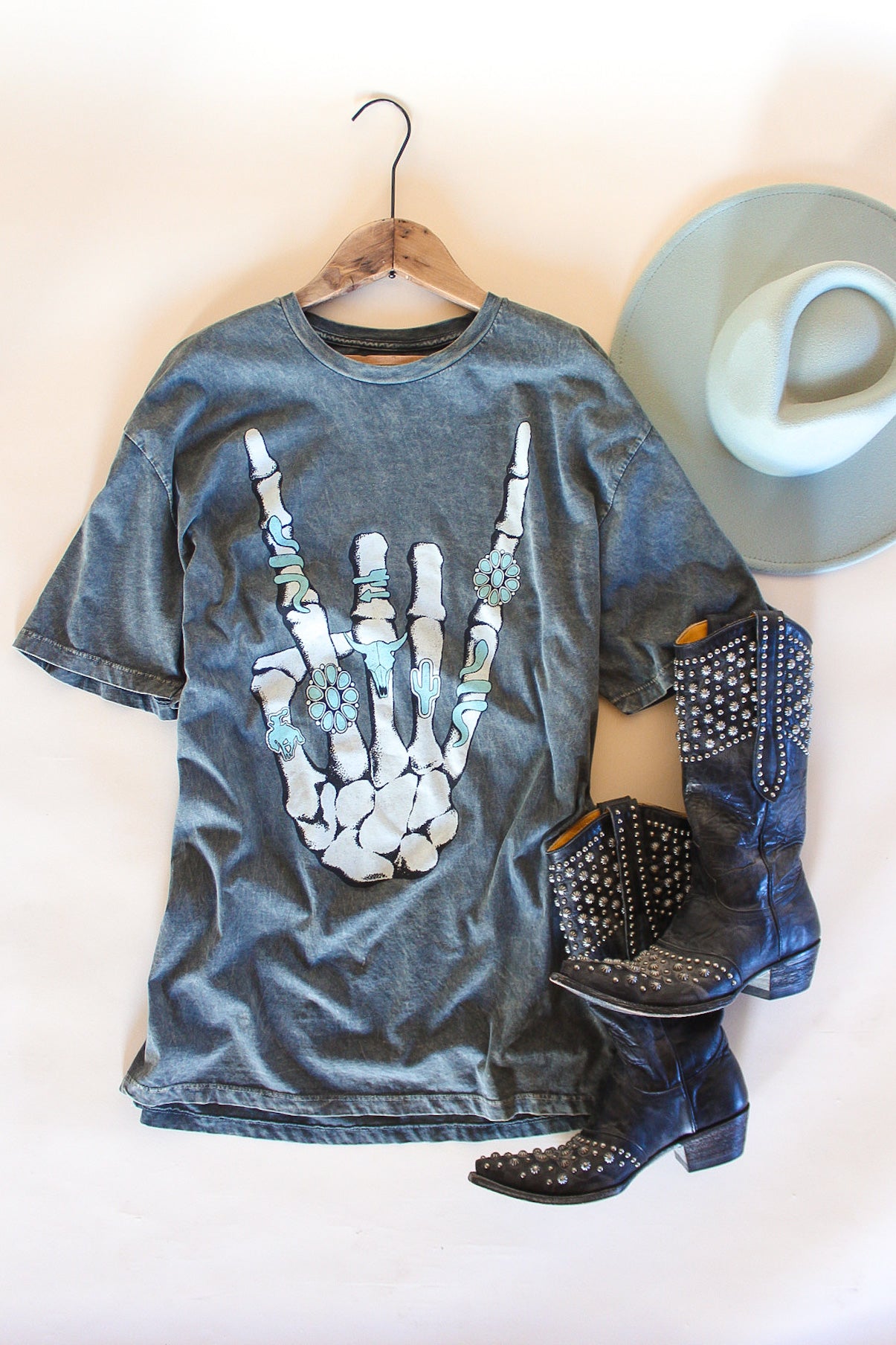 Skeleton Rock On Oversized Graphic Tee