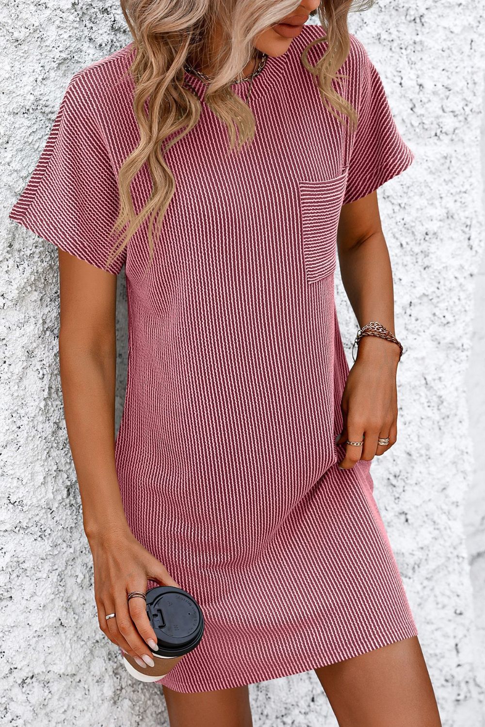 Ribbed Striped Short Sleeve T-Shirt Dress