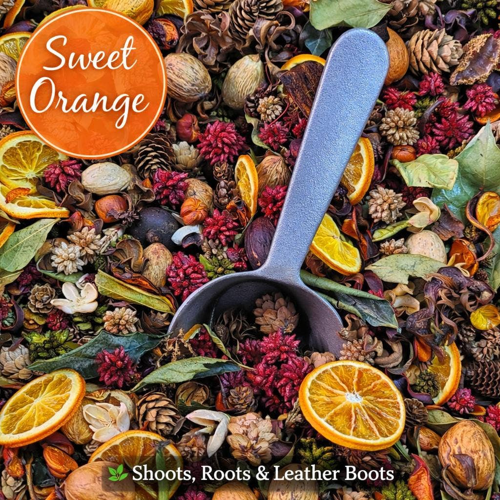 Spice mix with oranges, flowers, and a spoon labeled 'Sweet Orange' on an orange background.