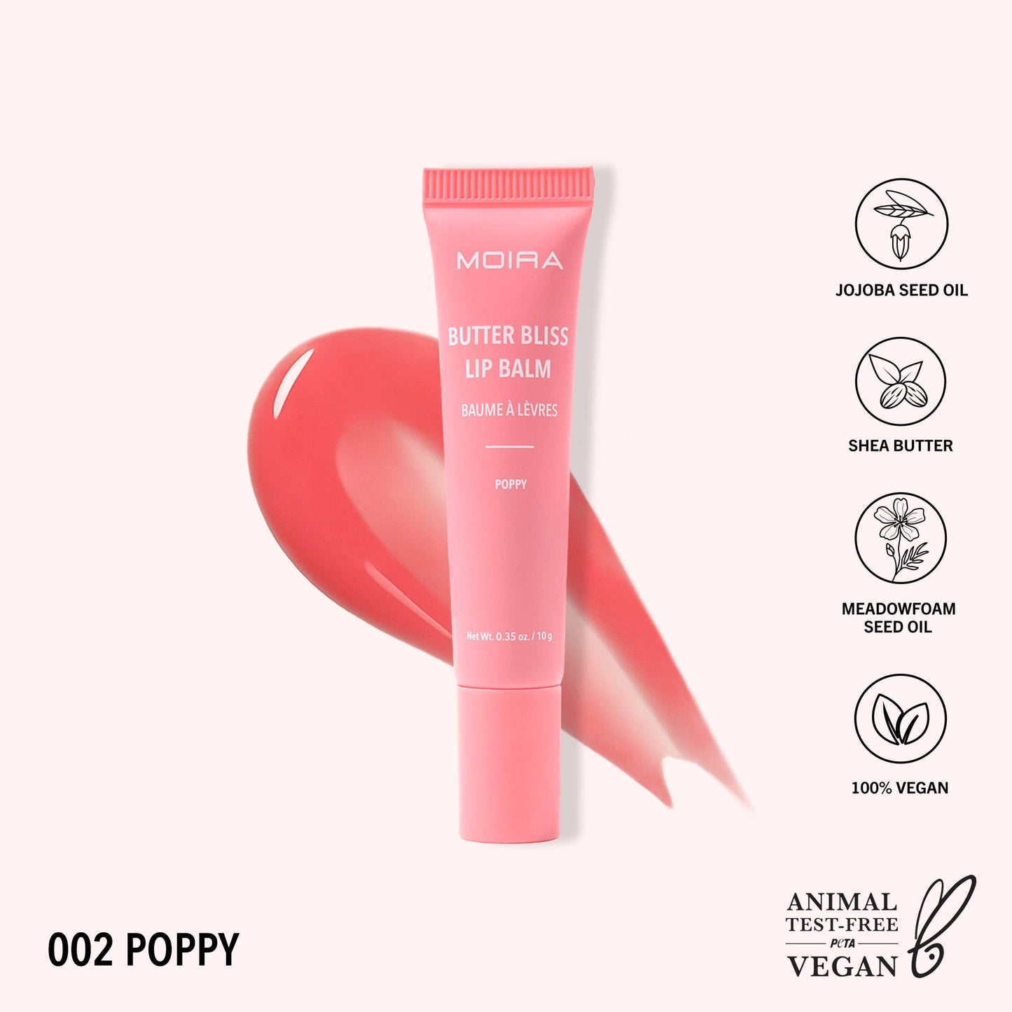 Moira Butter Bliss Lip Balm in Poppy color with ingredients and vegan certification on a white background