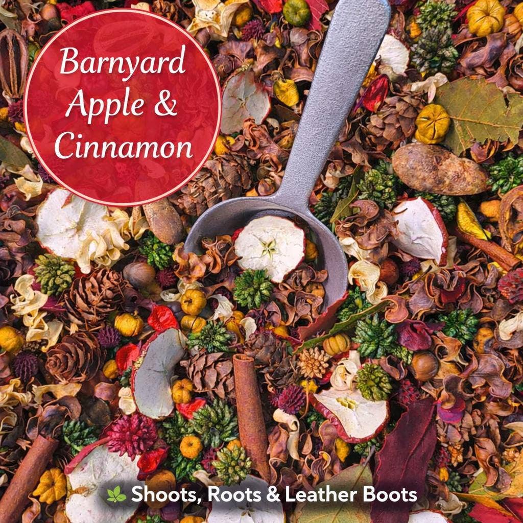 Spice mix with 'Barnyard Apple & Cinnamon' label on a bed of dried leaves and herbs.