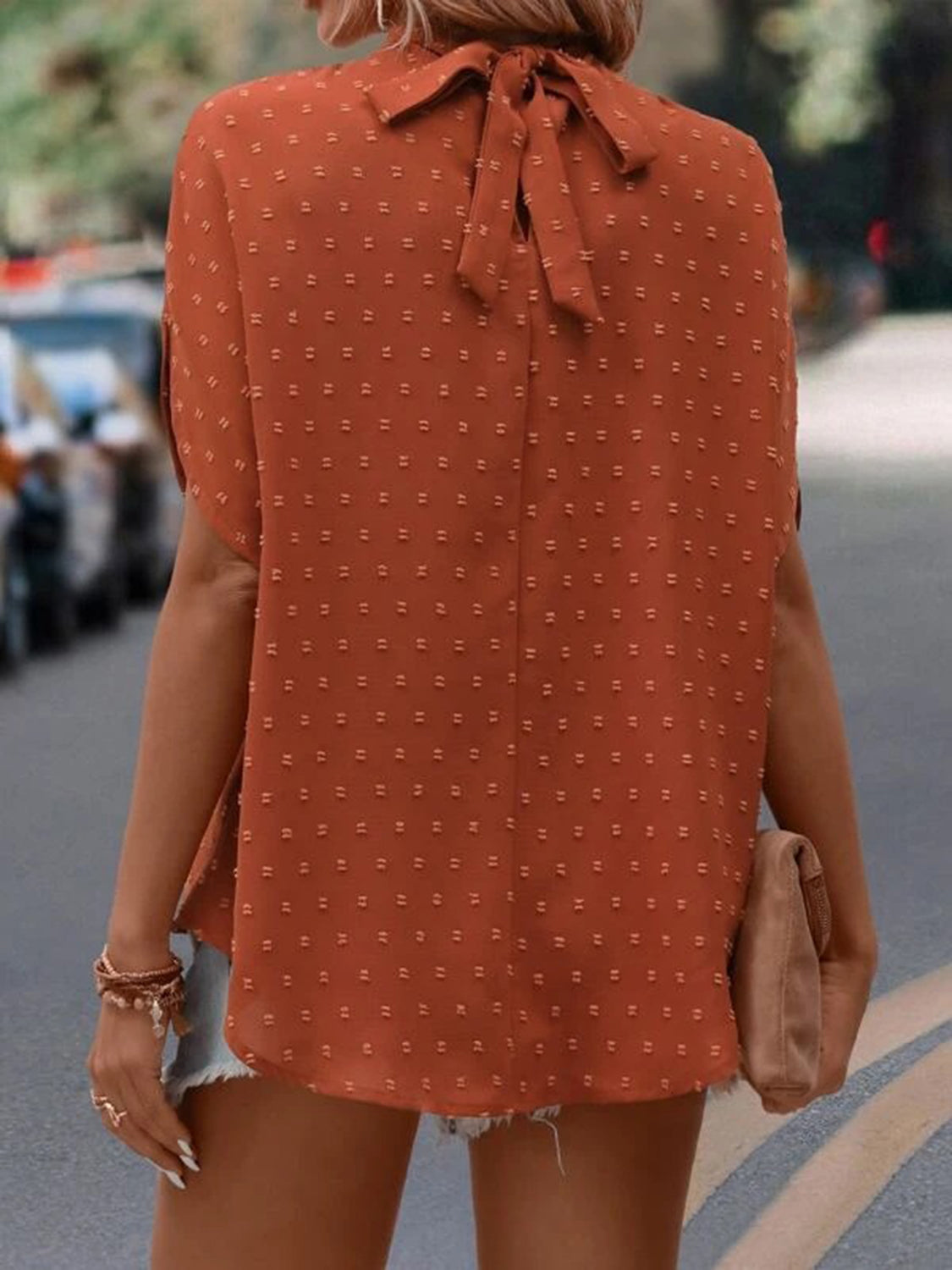 Swiss Dot Mock Neck Blouse
