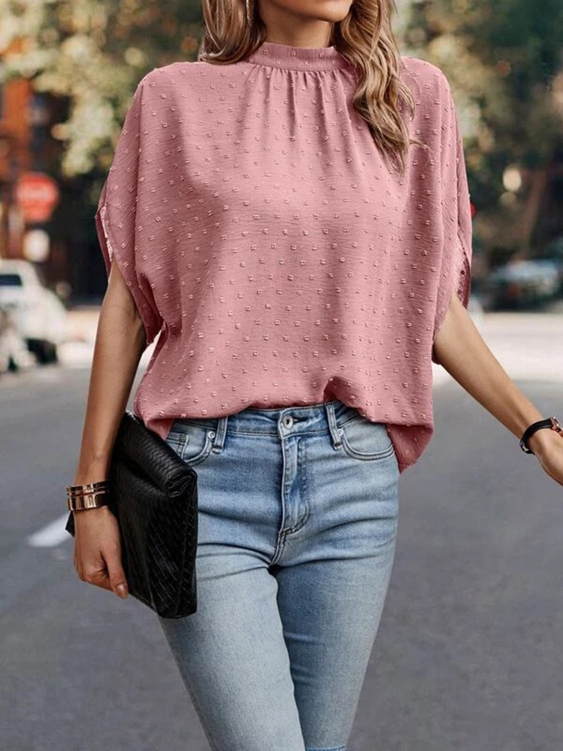Swiss Dot Mock Neck Blouse
