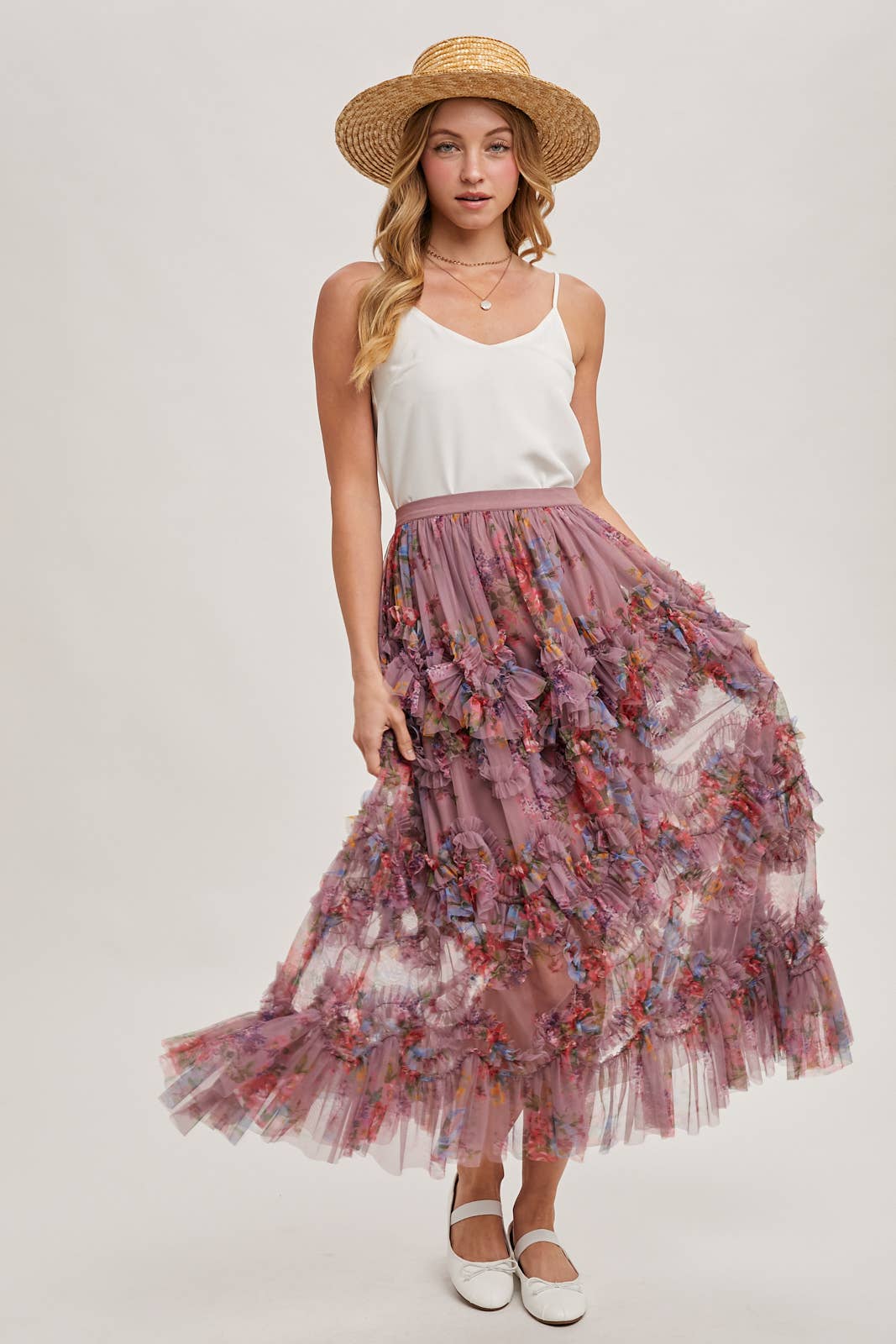 Bluivy - FLORAL RUFFLED MESH MIDI SKIRT