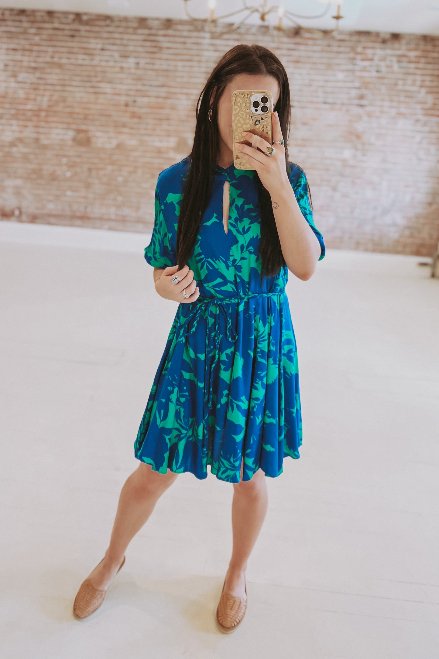 Belted Floral Godet Dress