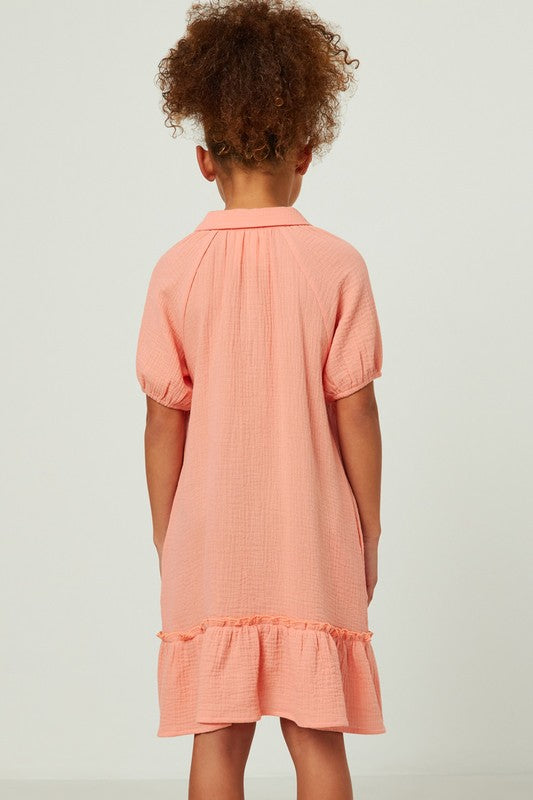 Girls Collared Ruffled Shirt Dress