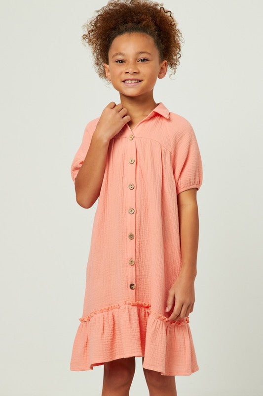 Girls Collared Ruffled Shirt Dress