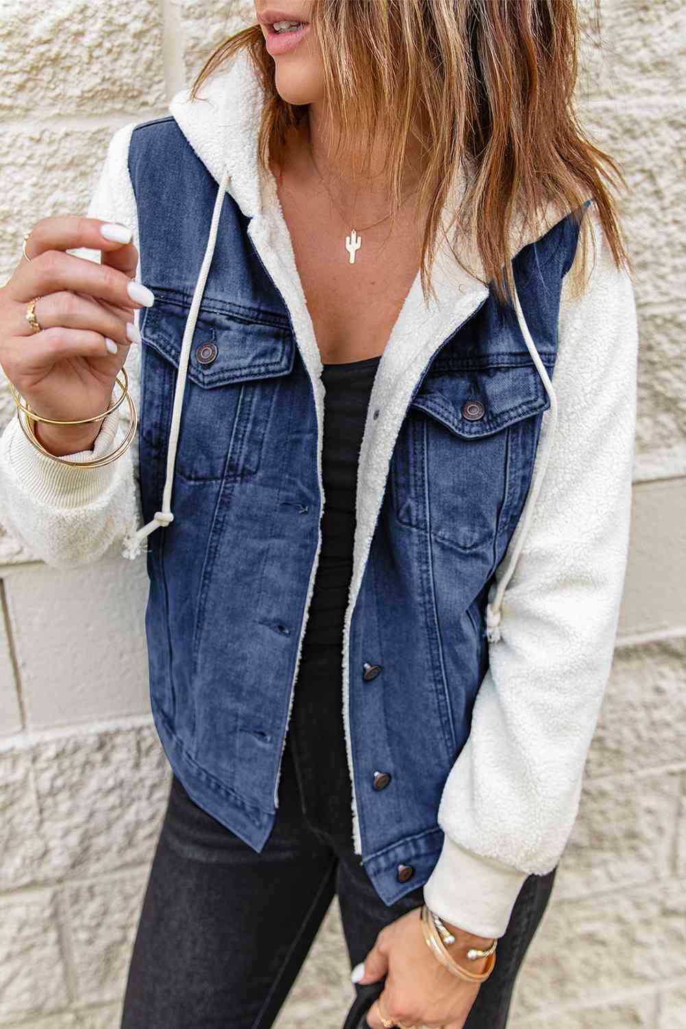 Two-Tone Sherpa Hooded Denim Jacket