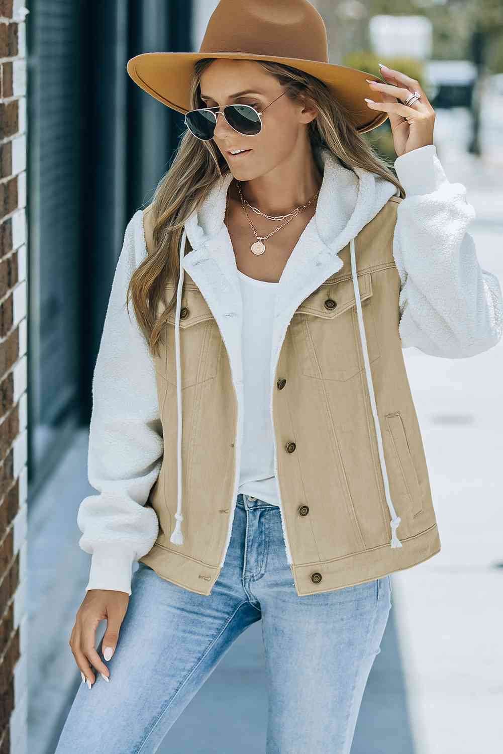 Two-Tone Sherpa Hooded Denim Jacket
