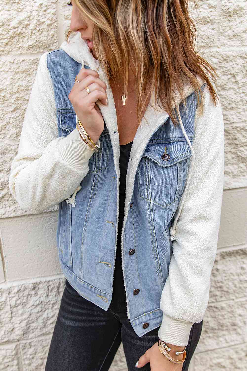Two-Tone Sherpa Hooded Denim Jacket