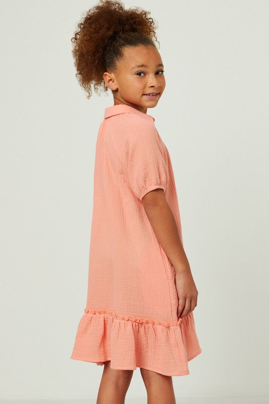 Girls Collared Ruffled Shirt Dress