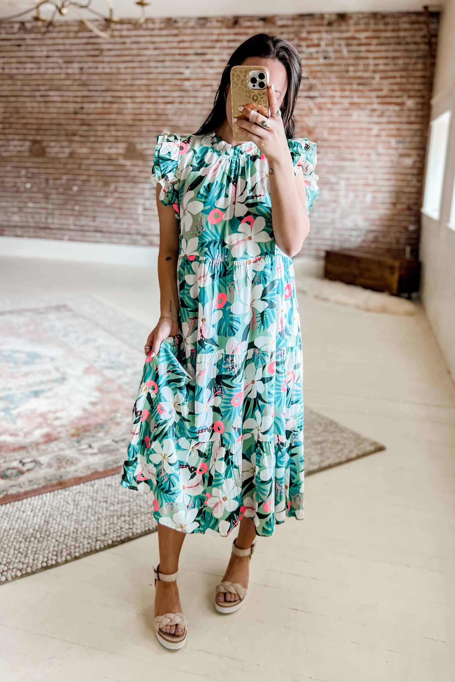 Hibiscus Ruffled Midi Dress