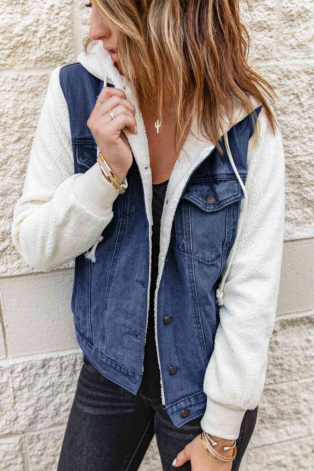 Two-Tone Sherpa Hooded Denim Jacket