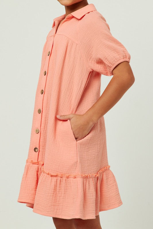 Girls Collared Ruffled Shirt Dress