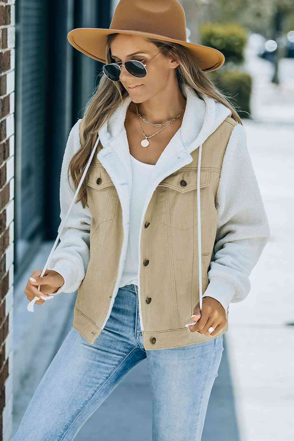 Two-Tone Sherpa Hooded Denim Jacket