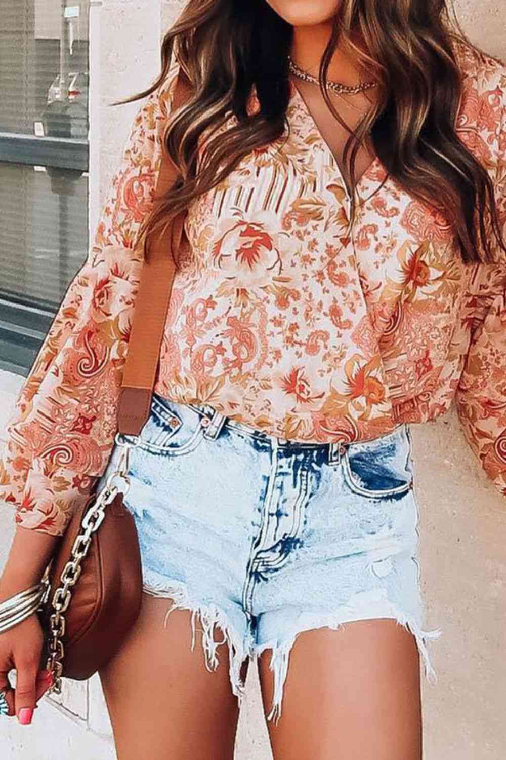 Finney Floral Surplice Flare Sleeve Bodysuit