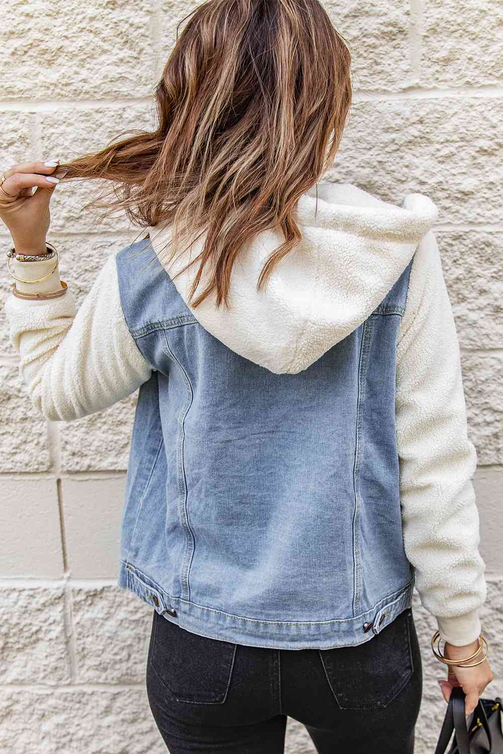 Two-Tone Sherpa Hooded Denim Jacket