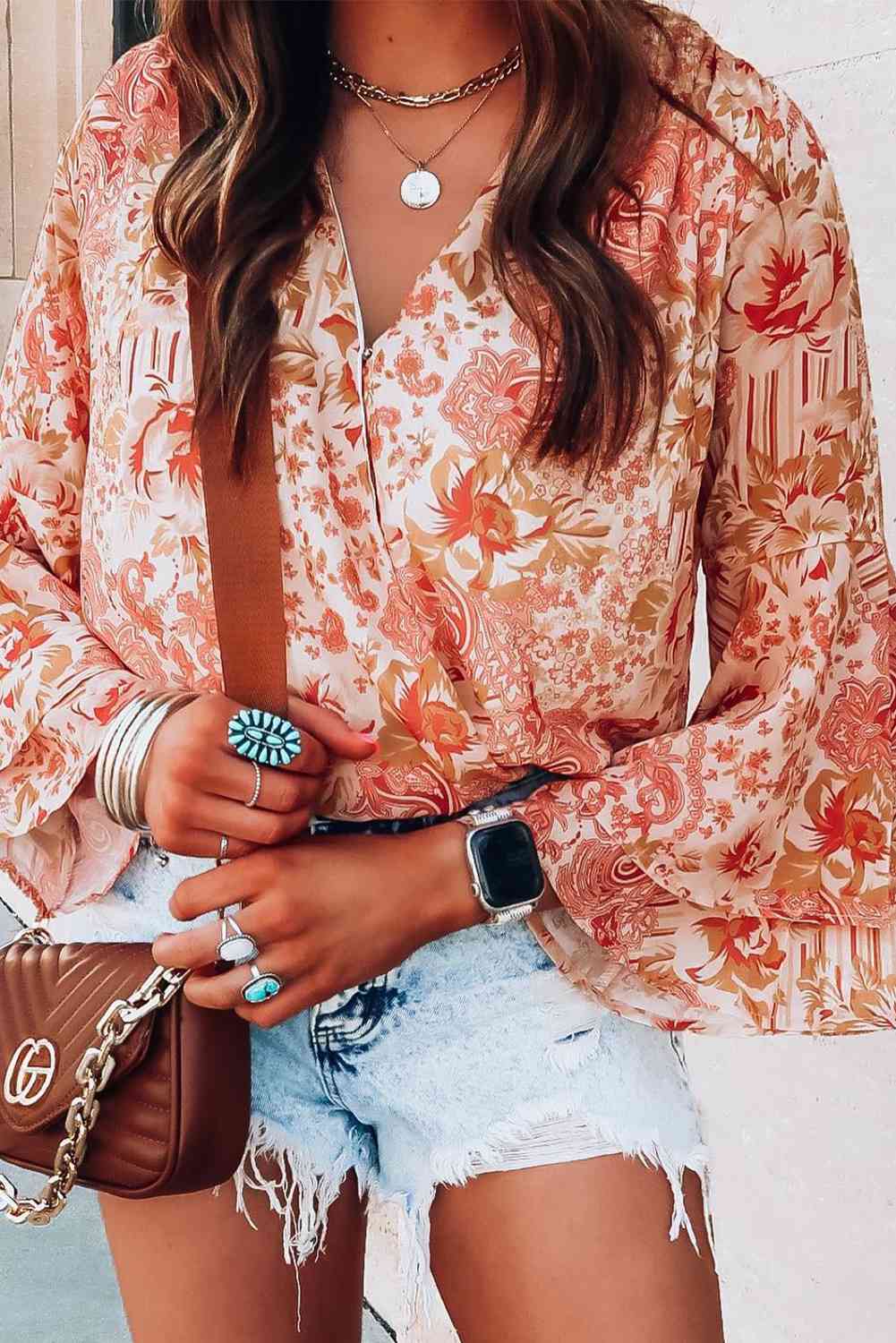 Finney Floral Surplice Flare Sleeve Bodysuit