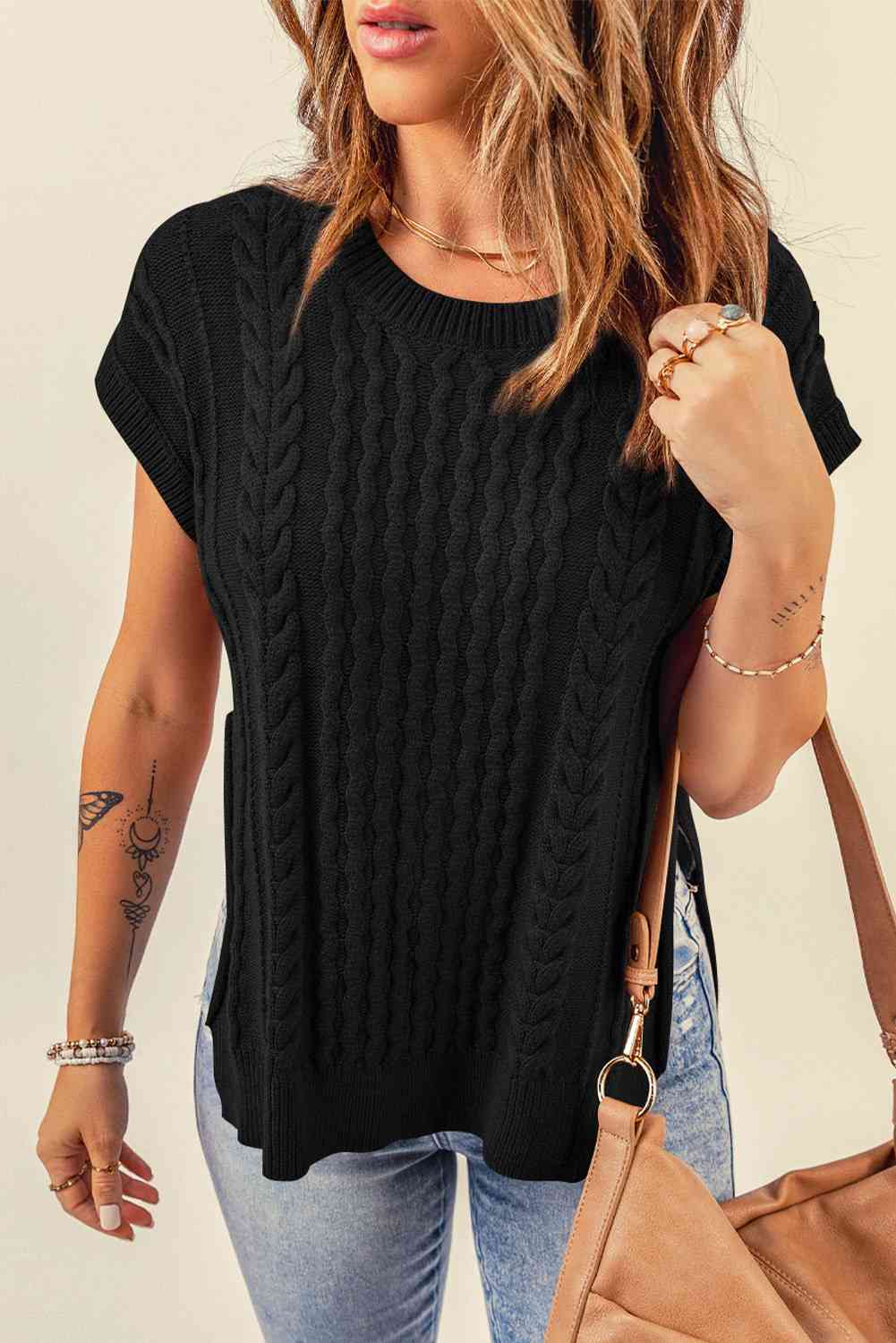Cable-Knit Side Slit Sleeveless Sweater