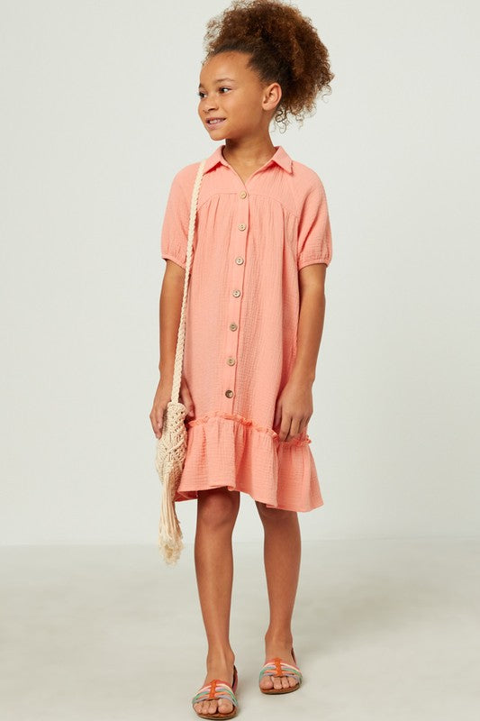 Girls Collared Ruffled Shirt Dress