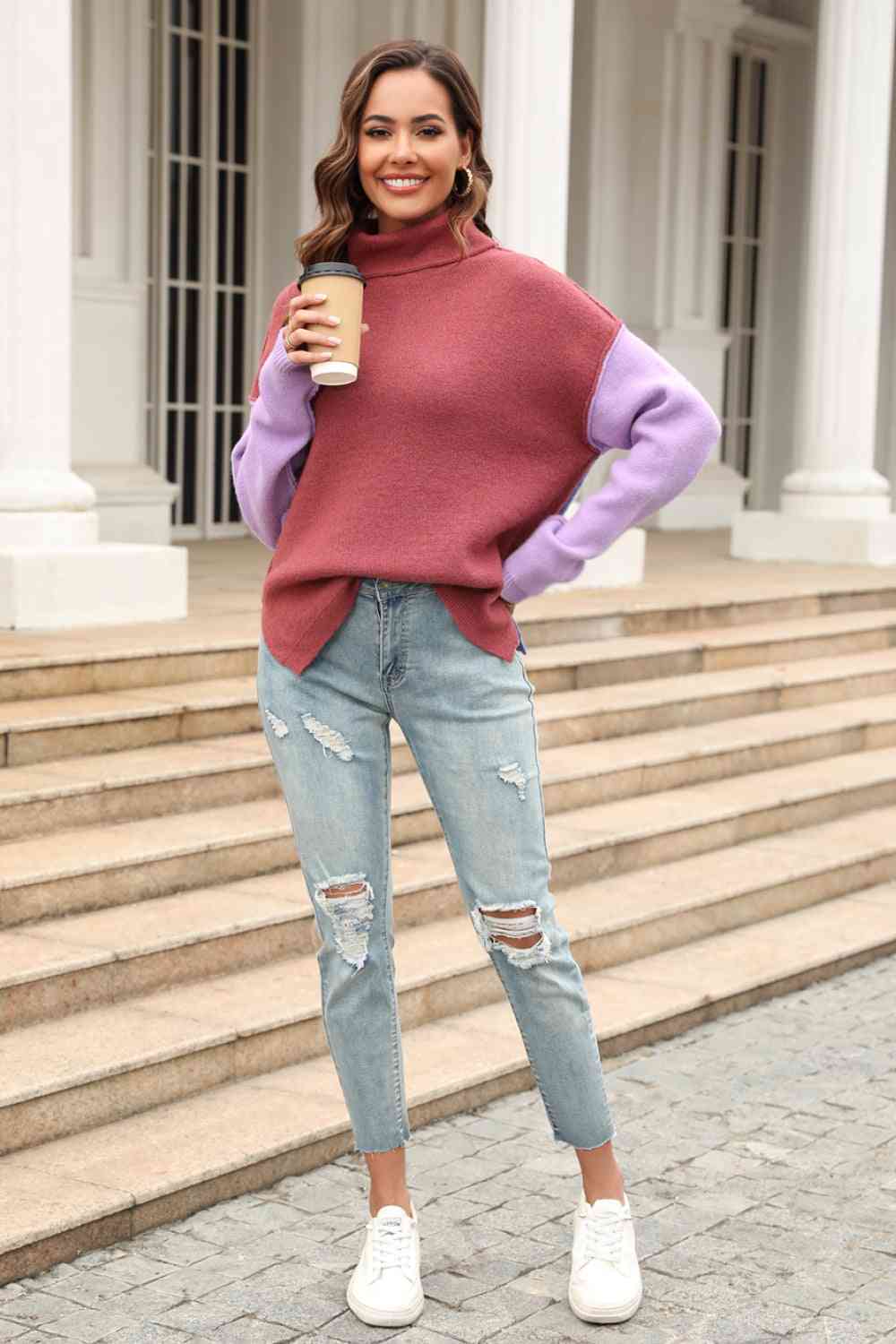 Color Block Turtleneck Sweater