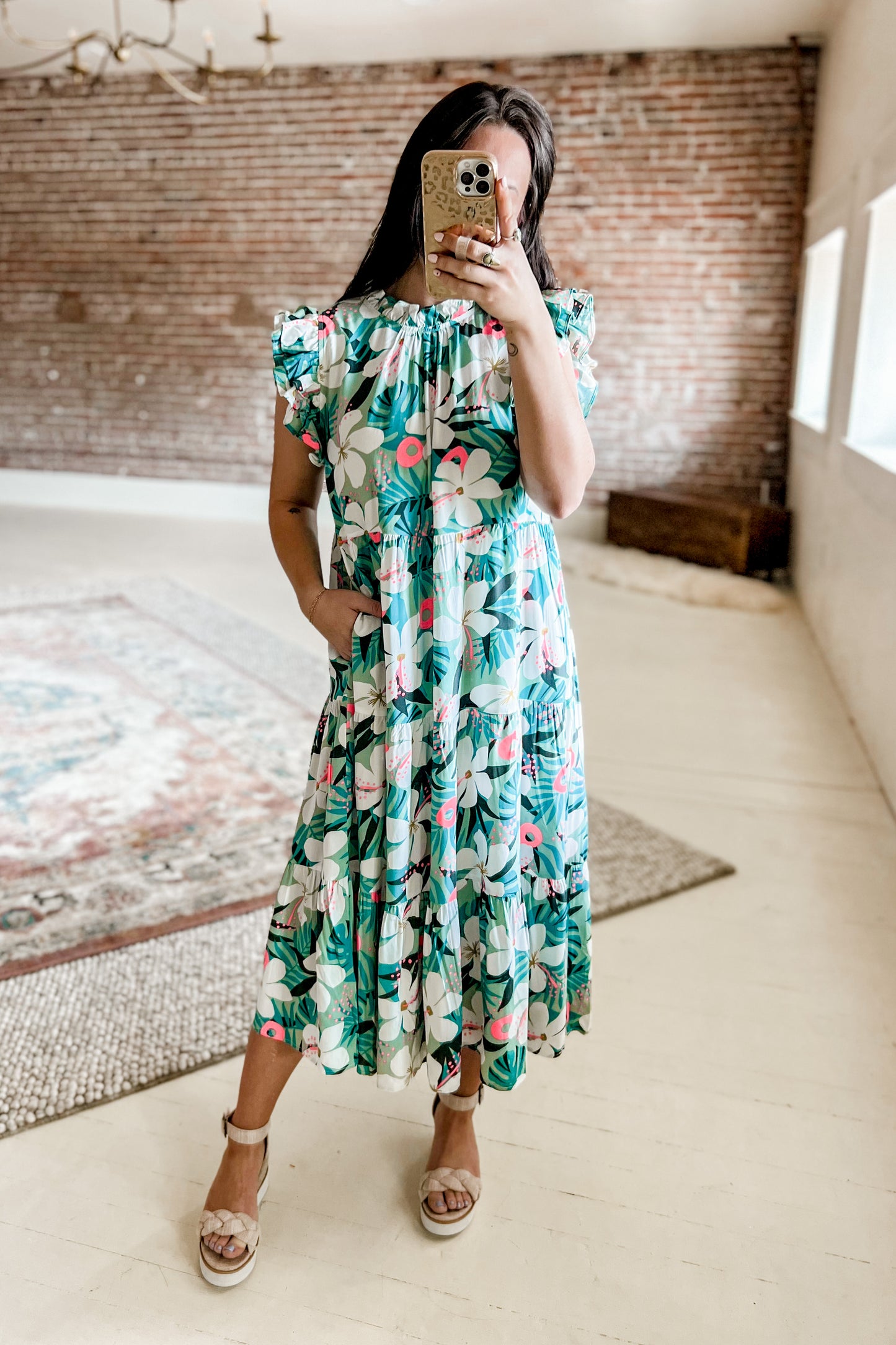 Hibiscus Ruffled Midi Dress