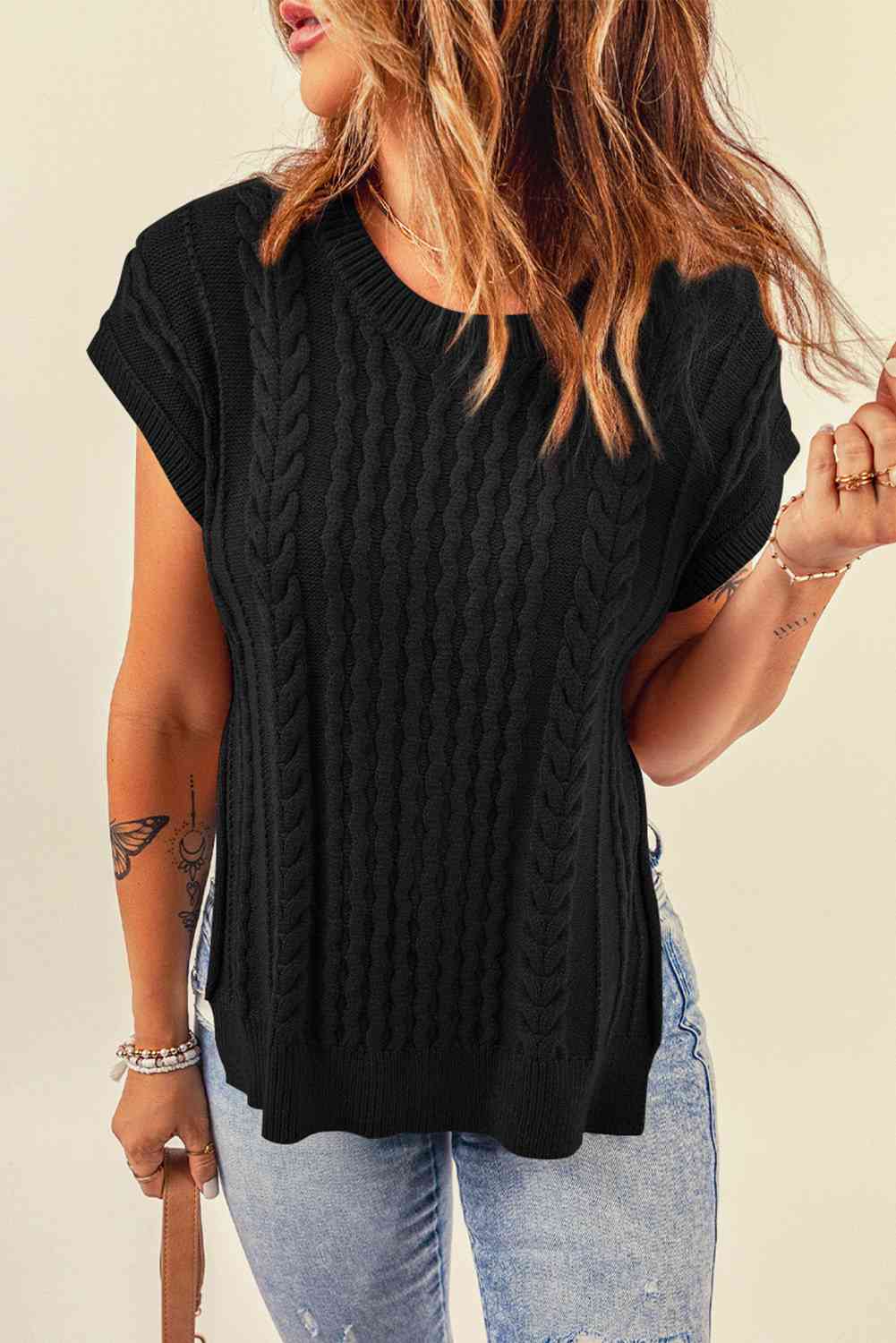 Cable-Knit Side Slit Sleeveless Sweater